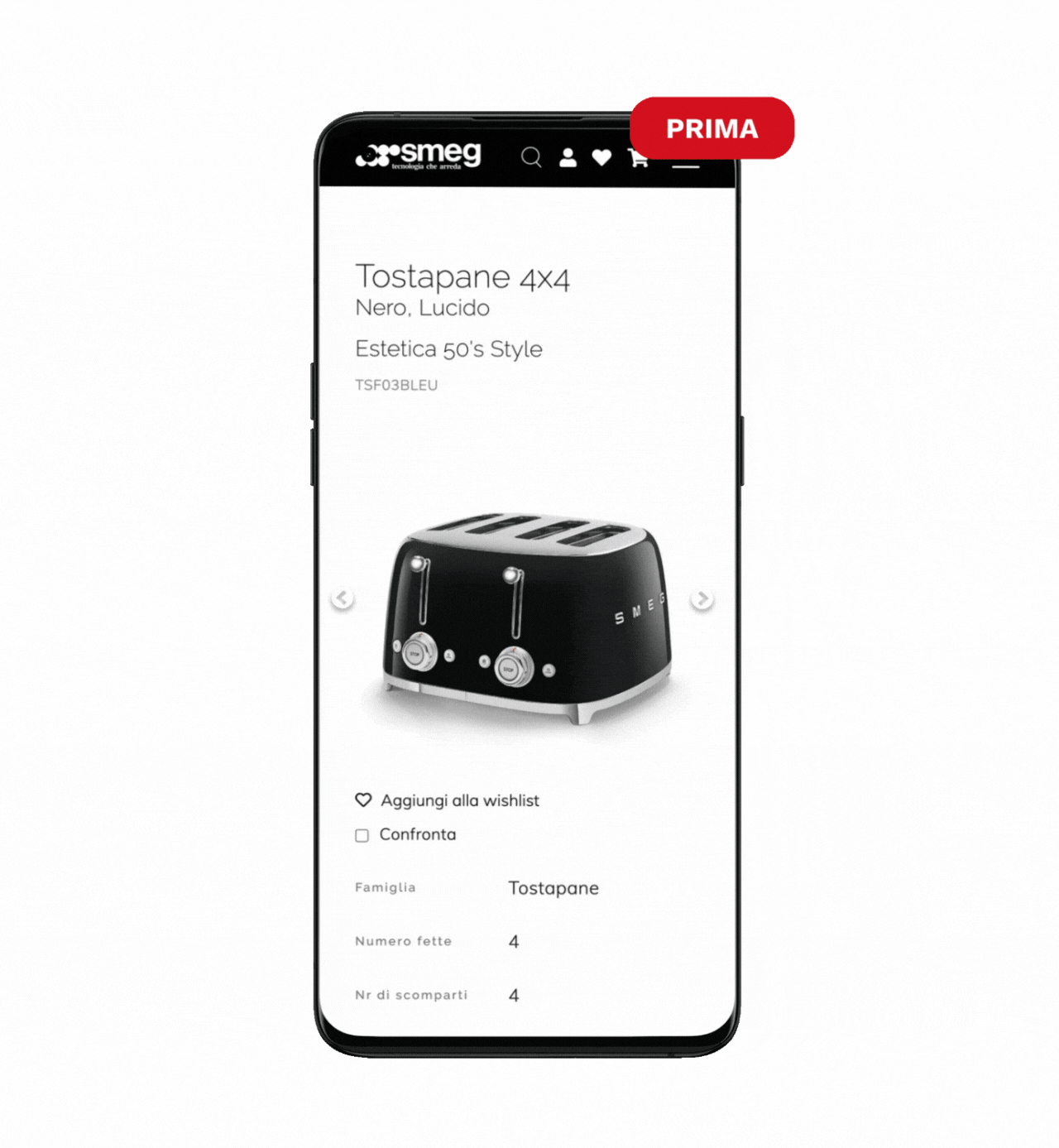 Prima e dopo la revisione delle schede prodotto dell'ecommerce di Smeg